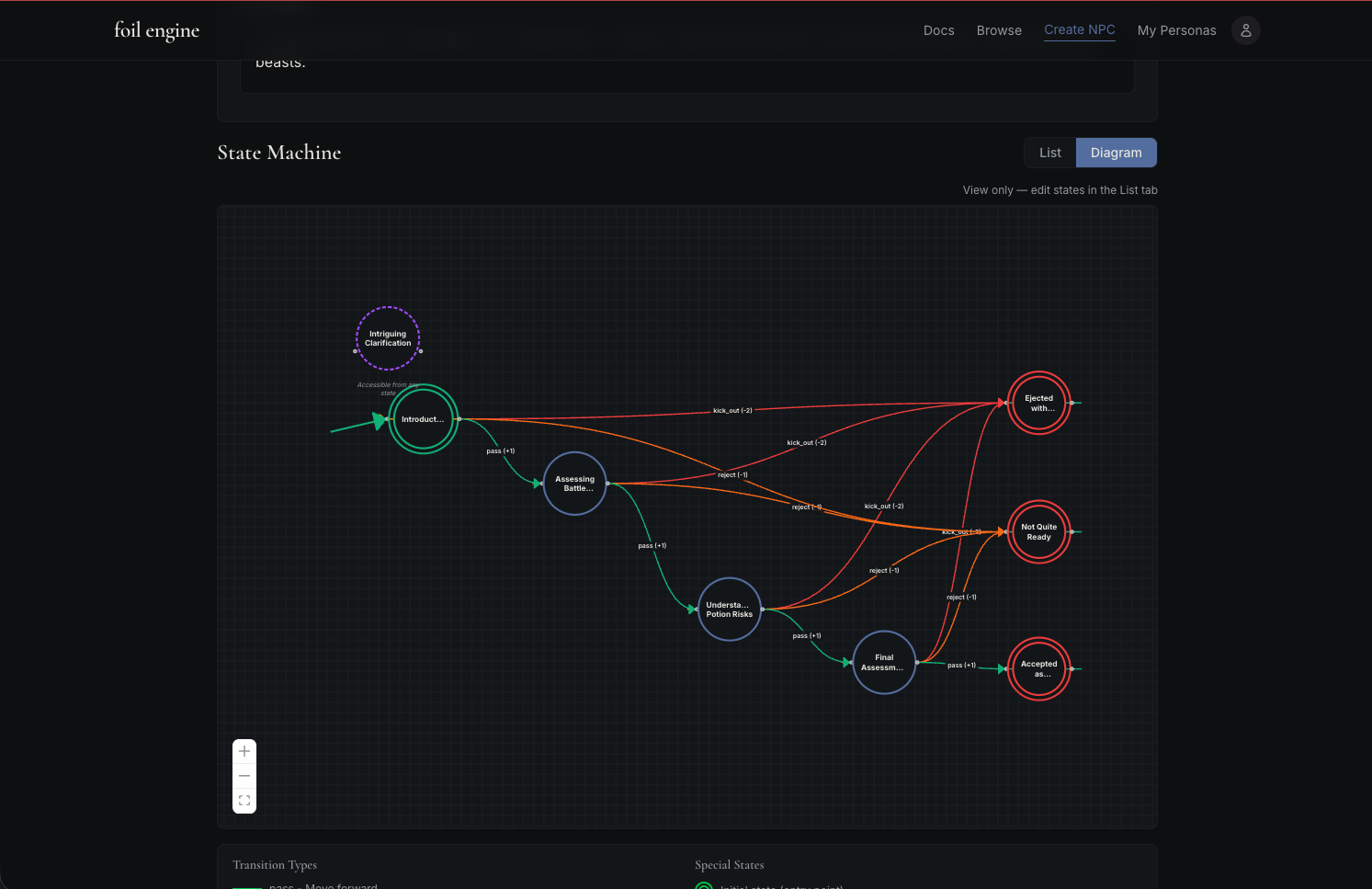 Foil Engine editor showing state machine diagram and chat preview
